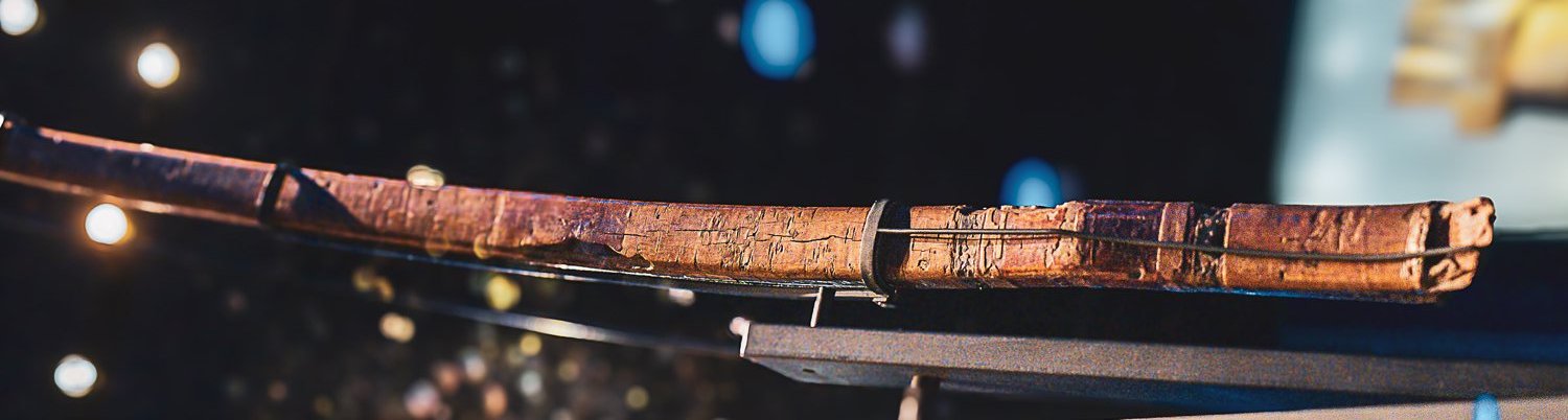 An ancient Egyptian bow, shown horizontally, lit against deep blue — a principal weapon of Ramses' army.